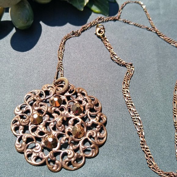 NWOT Pendant w/Natural Brass Filigree and Copper Flatback Austrian Crystals 36" - Picture 3 of 6